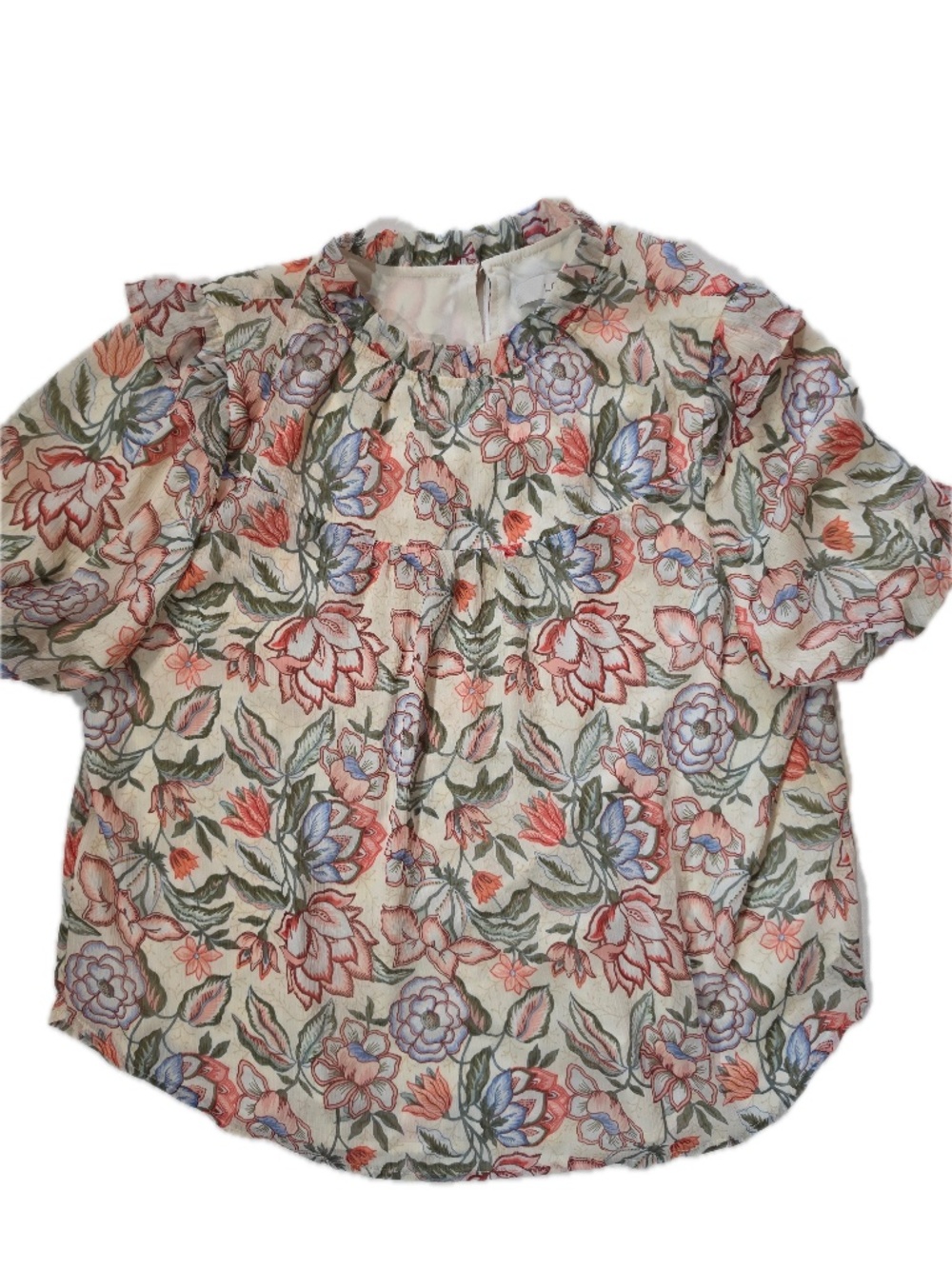 LOFT Blouse Womens XL White‎ Tunic High Neck Puff Sleeve Ruffle Button Chiffon